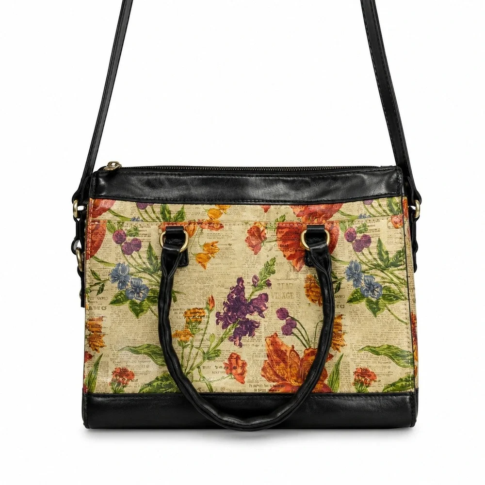 Patricia Nash Josselin Satchel Bag Floral Newsprint Convertible Crossbody Purse‎